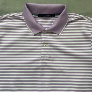 RLX Ralph Lauren Polo Mens Medium Golf Shirt Purple White Stripe Short Sleeve